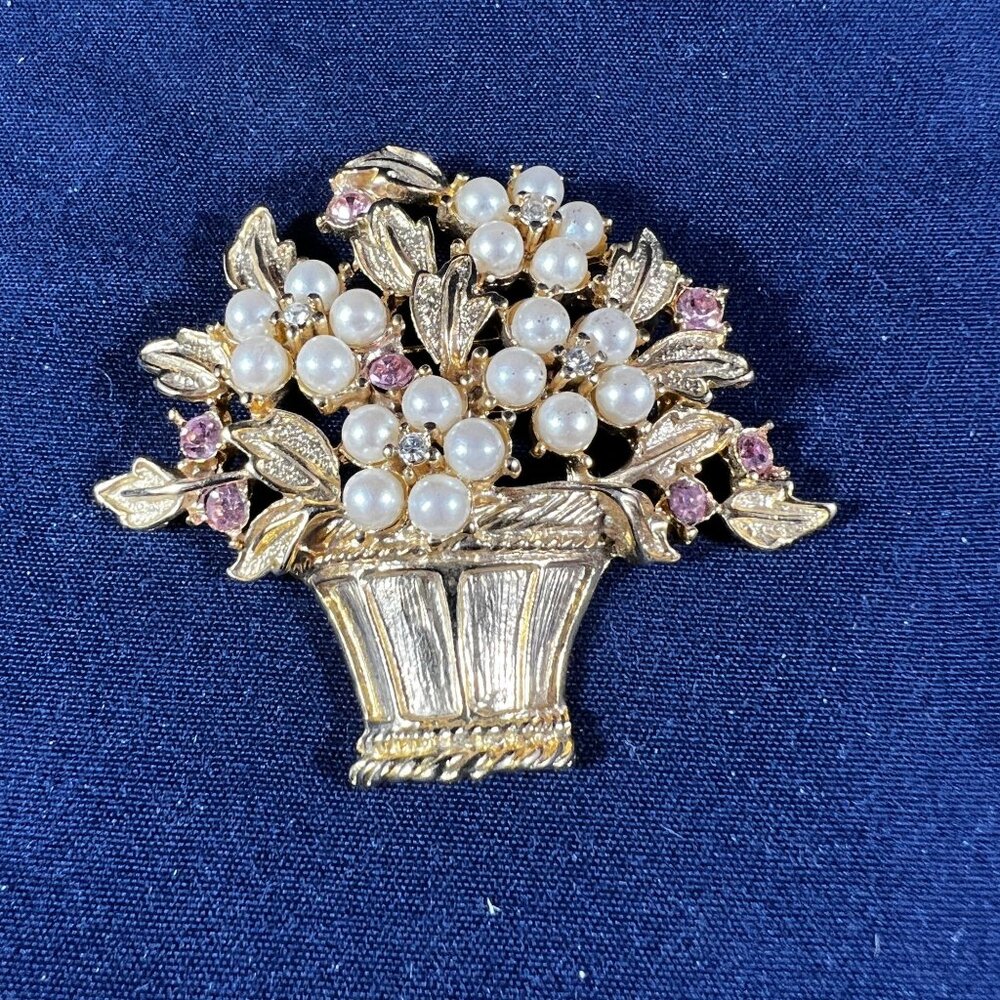 Vintage Pink Rhinestone & Pearl Bouquet Brooch Gold Tone Floral Pin
